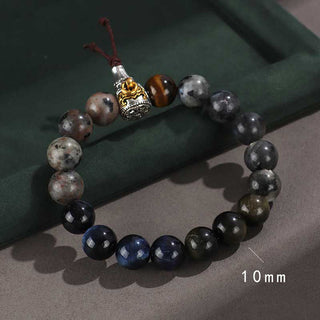 Buddha Gift 925 Sterling Silver Black Onyx Gold Sheen Obsidian Lava Rock Tiger Eye Six True Words Wealth Protection Bracelet