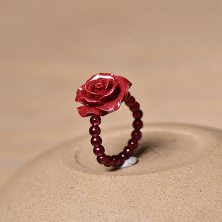 Buddha Gift Cinnabar Rose Garnet Beads Concentration Ring