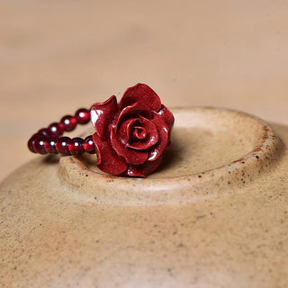 Buddha Gift Cinnabar Rose Garnet Beads Concentration Ring