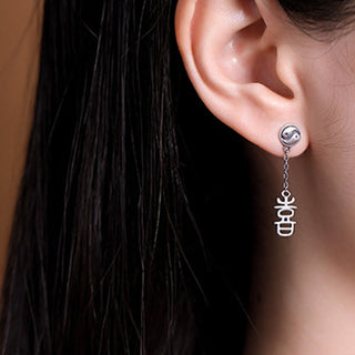 Buddha Gift 925 Sterling Silver Chinese Character 'Ping An' 'Xi Le' Protection Earrings