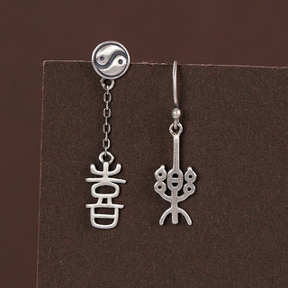 Buddha Gift 925 Sterling Silver Chinese Character 'Ping An' 'Xi Le' Protection Earrings