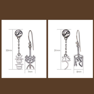 Buddha Gift 925 Sterling Silver Chinese Character 'Ping An' 'Xi Le' Protection Earrings