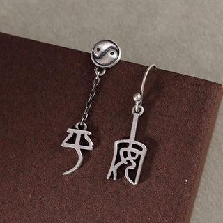 Buddha Gift 925 Sterling Silver Chinese Character 'Ping An' 'Xi Le' Protection Earrings