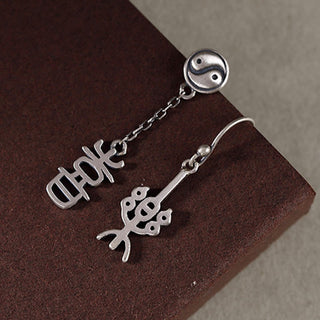 Buddha Gift 925 Sterling Silver Chinese Character 'Ping An' 'Xi Le' Protection Earrings