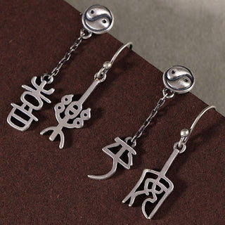 Buddha Gift 925 Sterling Silver Chinese Character 'Ping An' 'Xi Le' Protection Earrings
