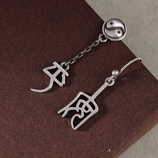 Buddha Gift 925 Sterling Silver Chinese Character 'Ping An' 'Xi Le' Protection Earrings