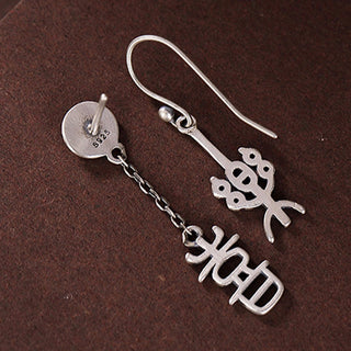 Buddha Gift 925 Sterling Silver Chinese Character 'Ping An' 'Xi Le' Protection Earrings