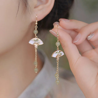 Buddha Gift 14K Gold Filled Copper Jade Fan Bamboo Abundance Earrings