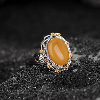 Buddha Gift 990 Sterling Silver Plated Gold Amber Focus Adjustable Ring