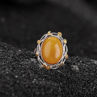Buddha Gift 990 Sterling Silver Plated Gold Amber Focus Adjustable Ring