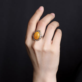Buddha Gift 990 Sterling Silver Plated Gold Amber Focus Adjustable Ring