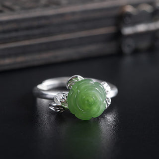 Buddha Gift 925 Sterling Silver Jade Green Rose Luck Adjustable Ring