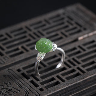 Buddha Gift 925 Sterling Silver Jade Green Rose Luck Adjustable Ring