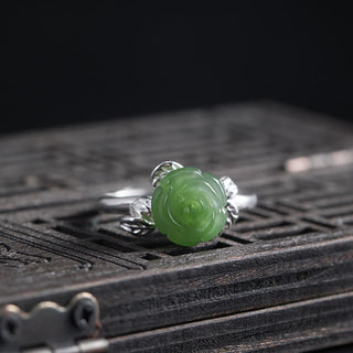 Buddha Gift 925 Sterling Silver Jade Green Rose Luck Adjustable Ring