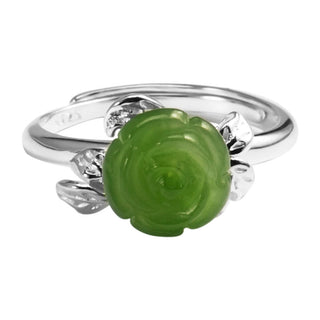 Buddha Gift 925 Sterling Silver Jade Green Rose Luck Adjustable Ring