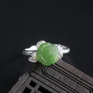 Buddha Gift 925 Sterling Silver Jade Green Rose Luck Adjustable Ring