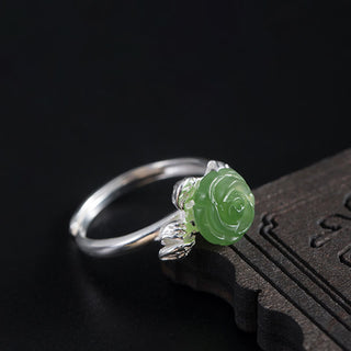 Buddha Gift 925 Sterling Silver Jade Green Rose Luck Adjustable Ring
