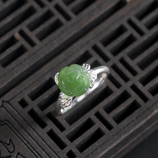 Buddha Gift 925 Sterling Silver Jade Green Rose Luck Adjustable Ring