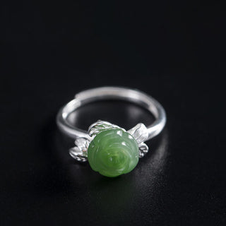 Buddha Gift 925 Sterling Silver Jade Green Rose Luck Adjustable Ring