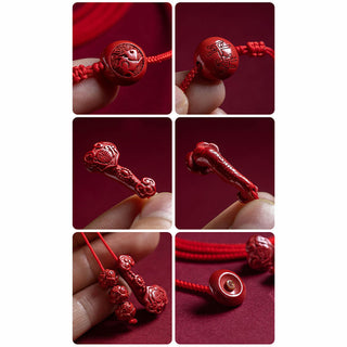 Buddha Gift Natural Cinnabar Chinese Zodiac Ruyi Handle Fu Character Lotus Blessing Red String Belly Chain