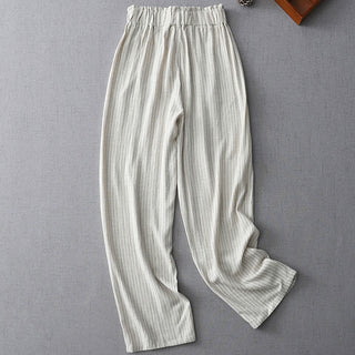 Buddha Gift Vertical Striped Cotton Linen High Waist Wide Leg Pants With Pockets