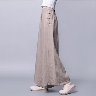 Buddha Gift Casual Cotton Frog-Button High Waist Wide Leg Pants With Pockets