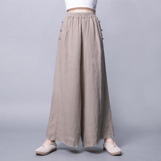 Buddha Gift Casual Cotton Frog-Button High Waist Wide Leg Pants With Pockets
