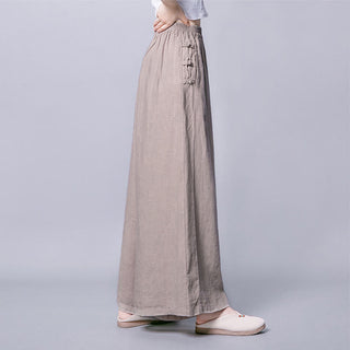 Buddha Gift Casual Cotton Frog-Button High Waist Wide Leg Pants With Pockets