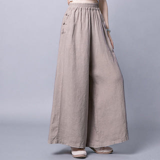 Buddha Gift Casual Cotton Frog-Button High Waist Wide Leg Pants With Pockets