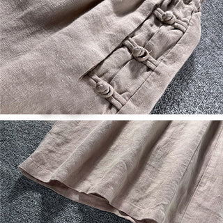 Buddha Gift Casual Cotton Frog-Button High Waist Wide Leg Pants With Pockets