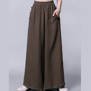 Buddha Gift Casual Cotton Frog-Button High Waist Wide Leg Pants With Pockets