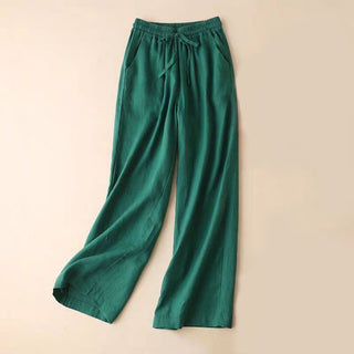 Buddha Gift Casual Cotton Linen High Waist Lace-up Wide Leg Pants With Pockets