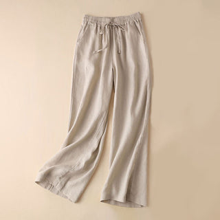 Buddha Gift Casual Cotton Linen High Waist Lace-up Wide Leg Pants With Pockets