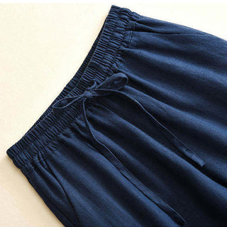 Buddha Gift Casual Cotton Linen High Waist Lace-up Wide Leg Pants With Pockets