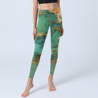 Buddha Gift Chinese Style Green Mountains Landscape Print Lycra Fabric Fitness Leggings Women's Yoga Pants