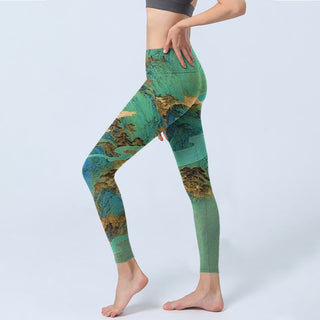 Buddha Gift Chinese Style Green Mountains Landscape Print Lycra Fabric Fitness Leggings Women's Yoga Pants