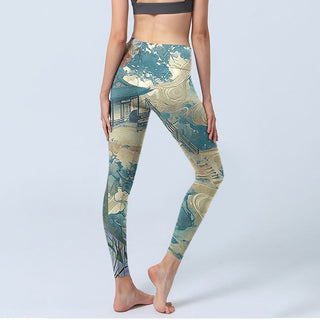 Buddha Gift Chinese Architecture Dark Sea Green Print Fitness Leggings Women's Yoga Pants