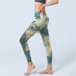 Buddha Gift Chinese Architecture Dark Sea Green Print Fitness Leggings Women's Yoga Pants