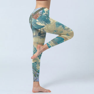 Buddha Gift Chinese Architecture Dark Sea Green Print Fitness Leggings Women's Yoga Pants