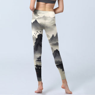 Buddha Gift Splash-ink Landscape Painting Print Fitness Leggings Women's Yoga Pants