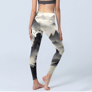 Buddha Gift Splash-ink Landscape Painting Print Fitness Leggings Women's Yoga Pants