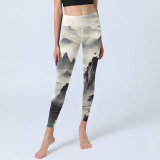Buddha Gift Splash-ink Landscape Painting Print Fitness Leggings Women's Yoga Pants