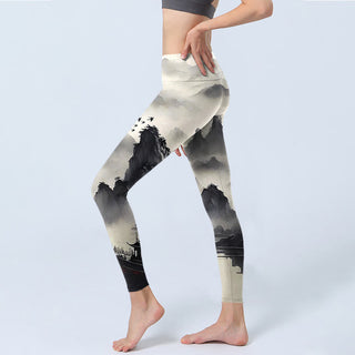 Buddha Gift Splash-ink Landscape Painting Print Fitness Leggings Women's Yoga Pants