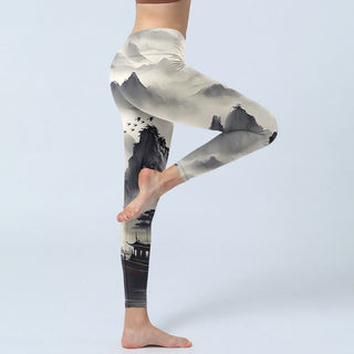 Buddha Gift Splash-ink Landscape Painting Print Fitness Leggings Women's Yoga Pants