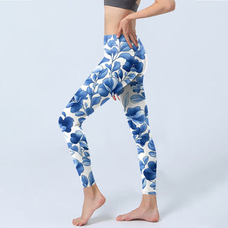 Buddha Gift Blue Flowers Print Fitness Leggings Women's Yoga Pants