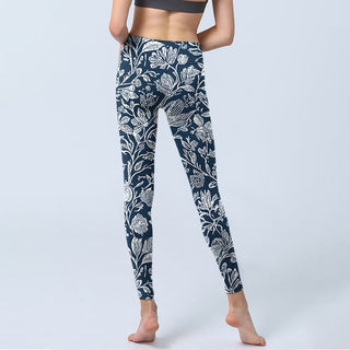 Buddha Gift Dark Blue Flower Print Fitness Leggings Women's Yoga Pants
