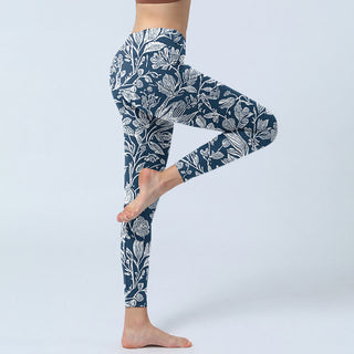 Buddha Gift Dark Blue Flower Print Fitness Leggings Women's Yoga Pants