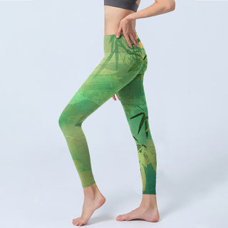 Buddha Gift Green Bamboo Pavilion Print Gym Leggings Women's Yoga Pants
