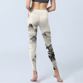 Buddha Gift Ink Bamboo Mountains Print Gym Leggings Women's Yoga Pants