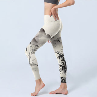 Buddha Gift Ink Bamboo Mountains Print Gym Leggings Women's Yoga Pants